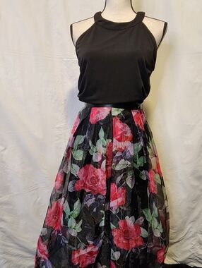 Black Maxi Dress with Pink Rose Floral Skirt
